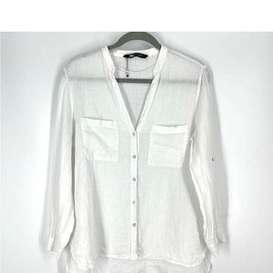 Zara White Linen V-Neck Blouse Large NWOT